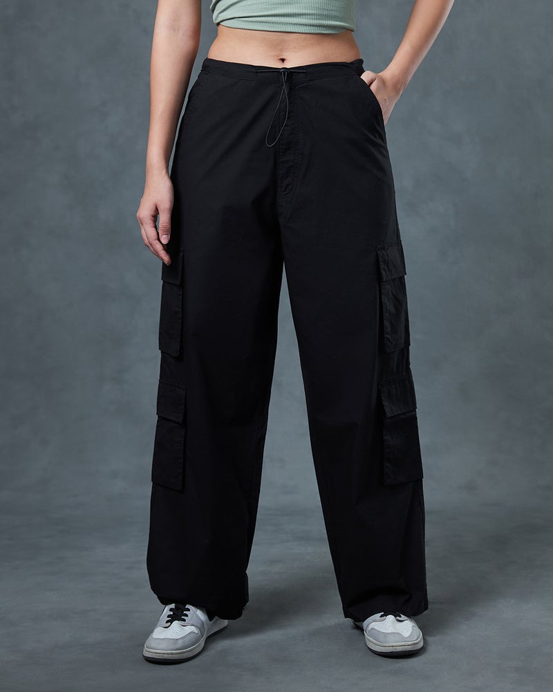 bewakoof Women's Black Baggy Oversized Cargo Parachute Pants - Image 2